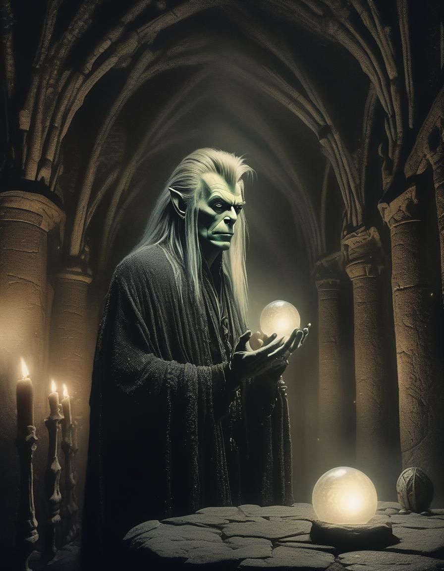 The Goblin King's Mystical Orb Dance in a Misty Castle