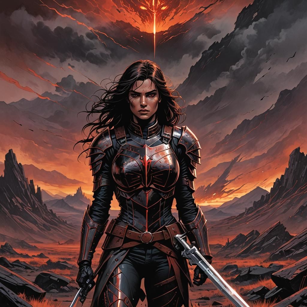 Dark Fantasy Knightrider in Blood-Soaked Landscape