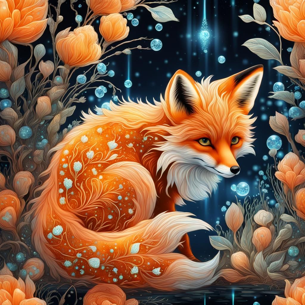 Bioluminescent Fox Underwater with Crystalline Details