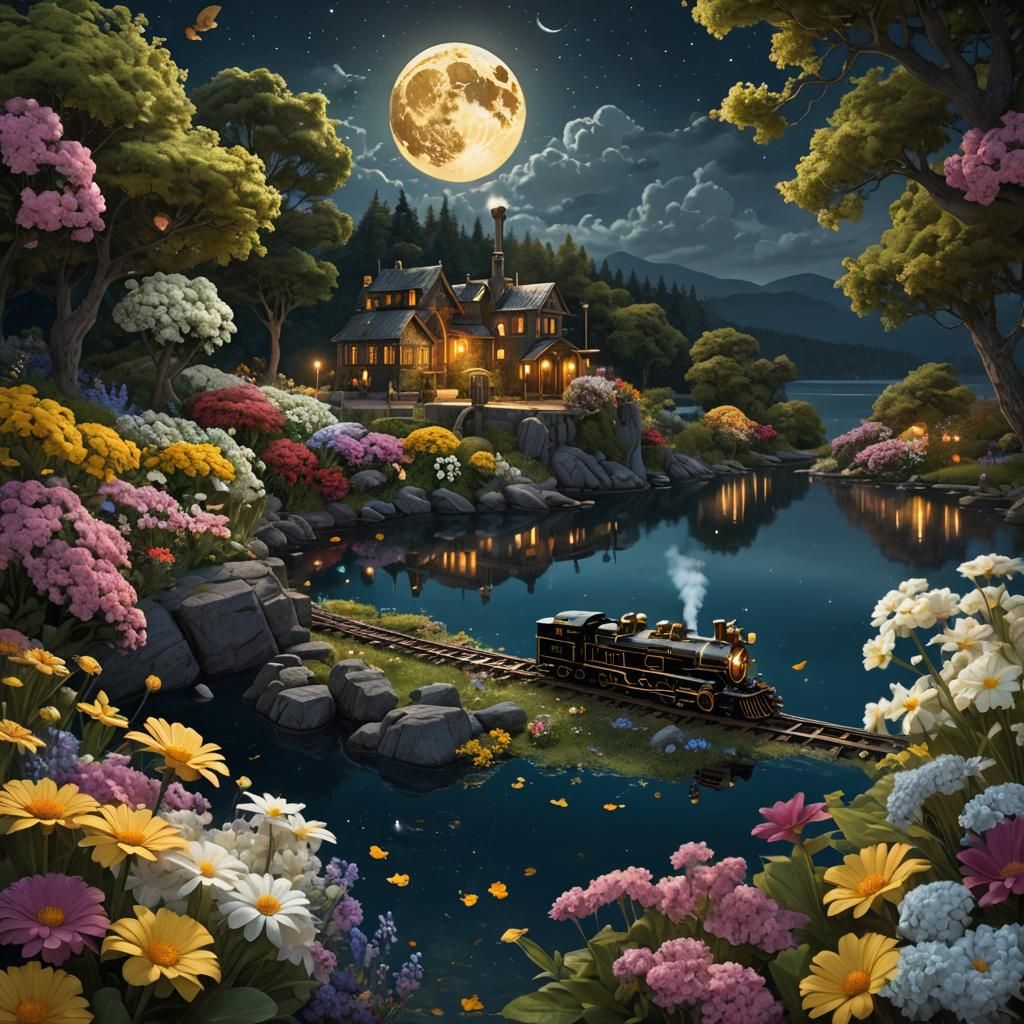 Dreaming Baby on Island with Flying Steam Train