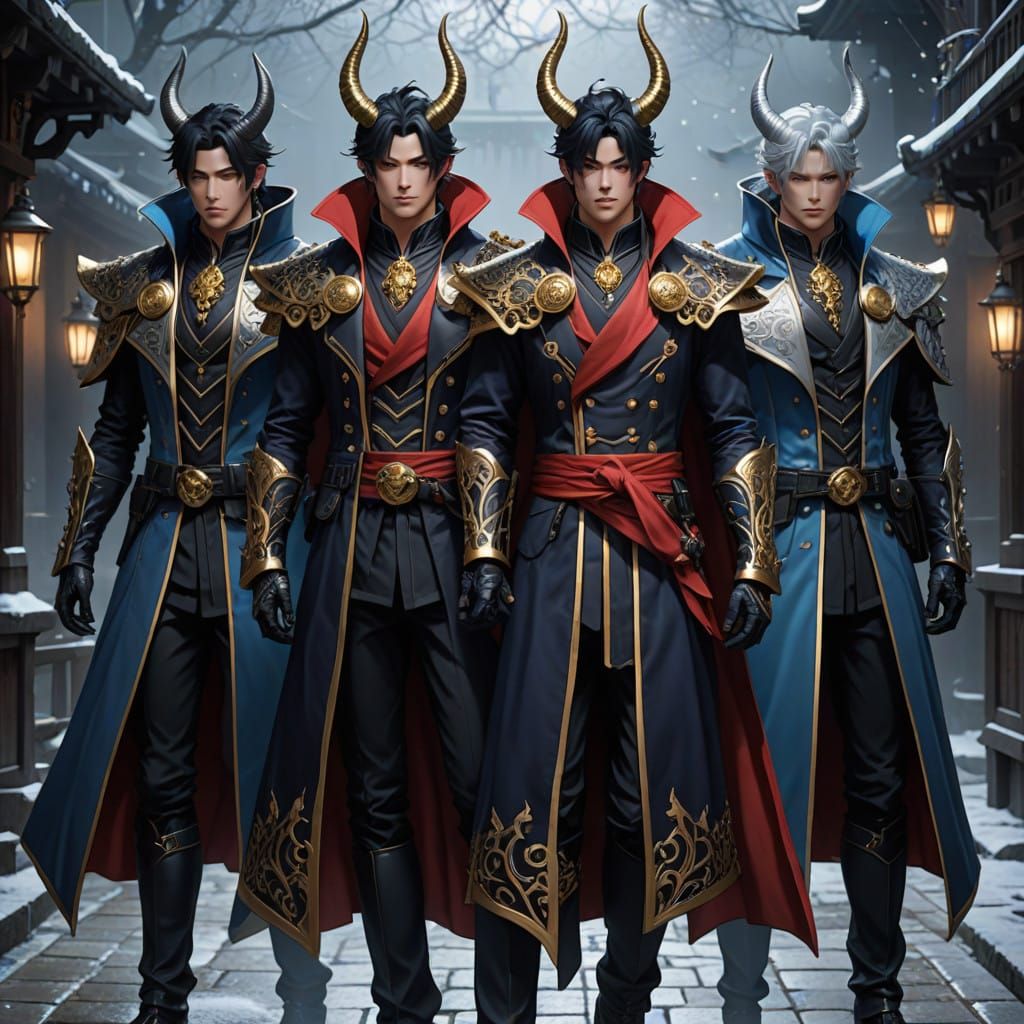 Dark Fantasy Demon Triplets in Intricate Attire
