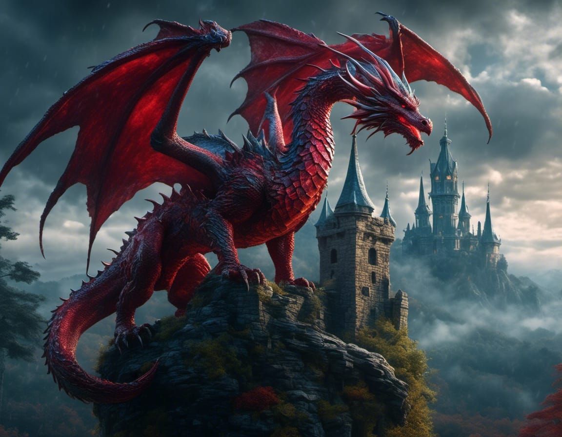 Crimson and Azure Dragon on Castle Tower