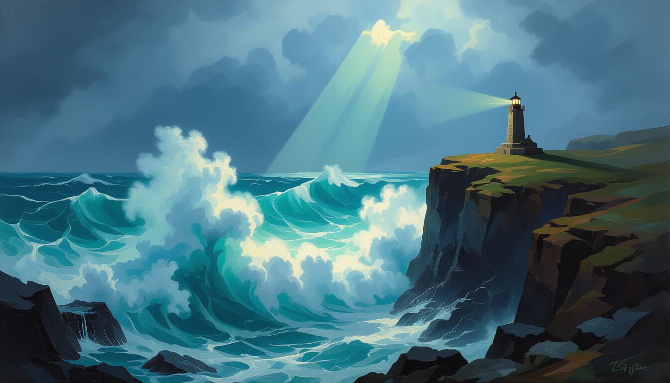 Stormy Sea Meets Cliffs in Dramatic Oil Painting