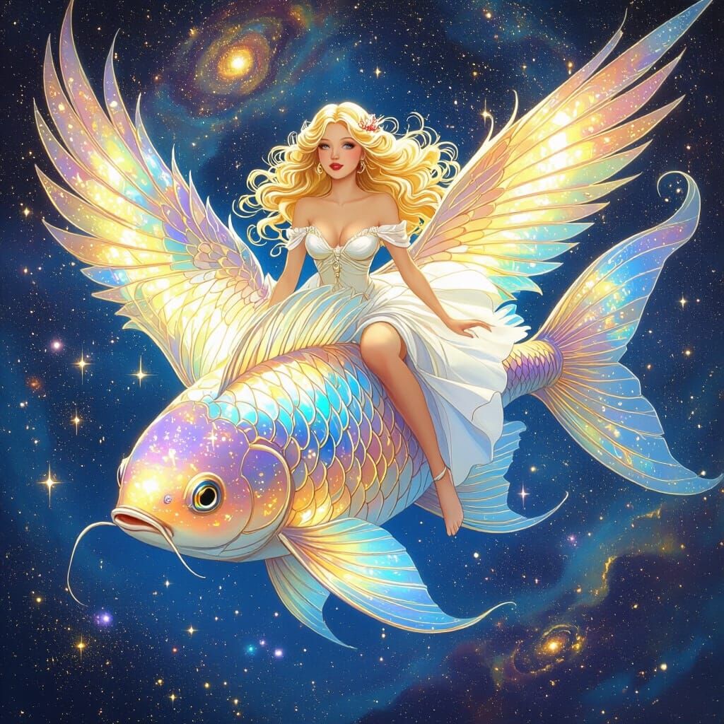 Woman Rides Cosmic Fish Through Nebula