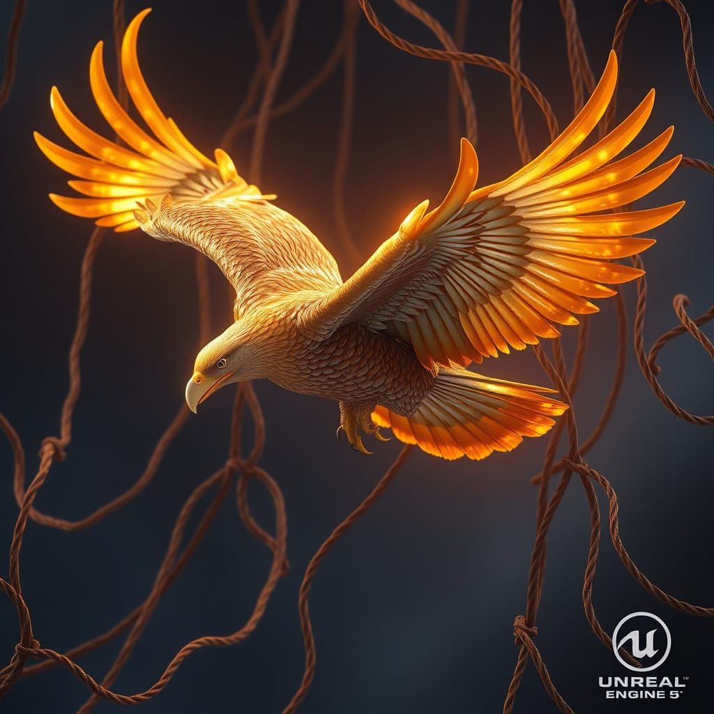 Golden Eagle Soars Through Enchanted Vines in Vibrant Fantas...