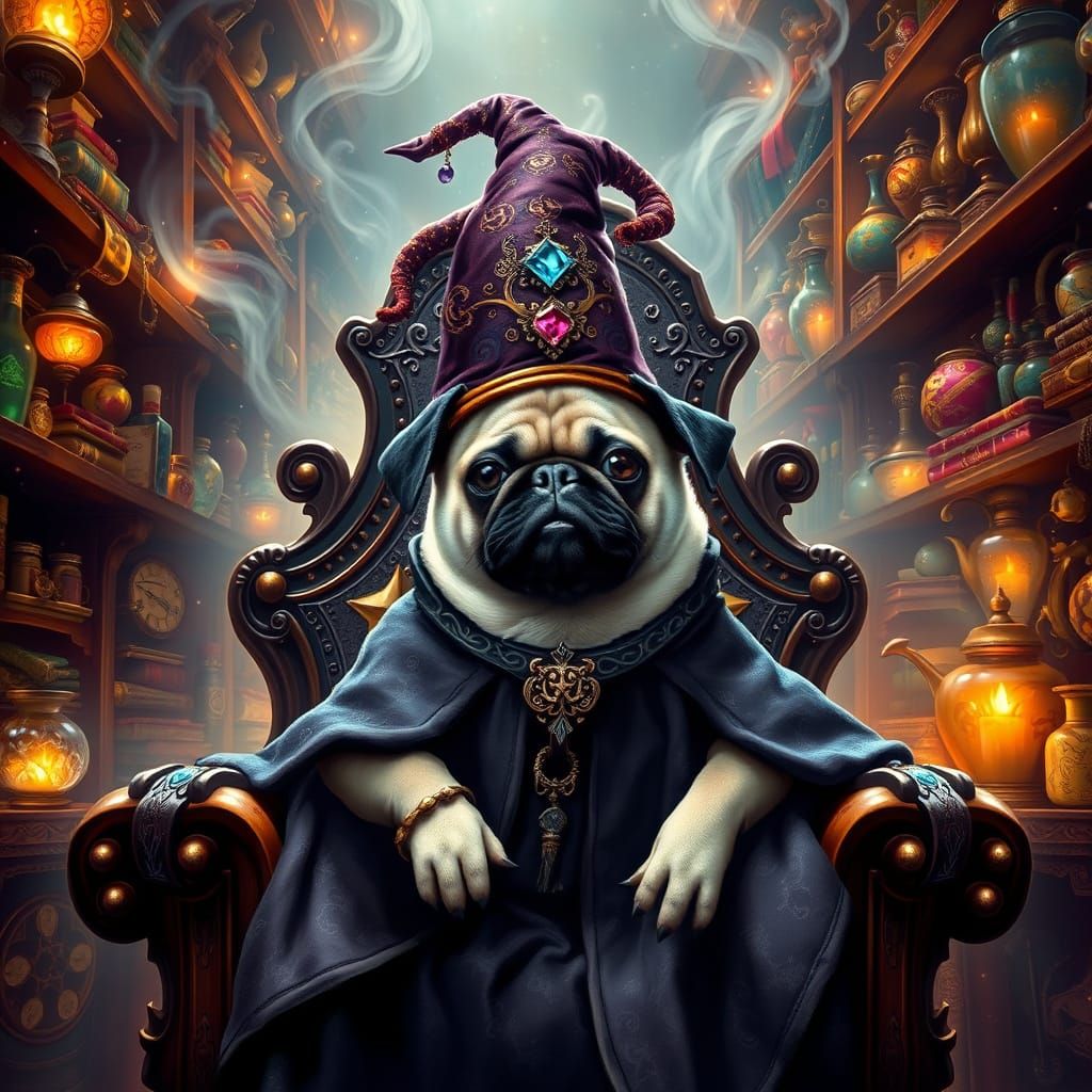 Regal Pug Wizard in a Whimsical Apothecary Scene