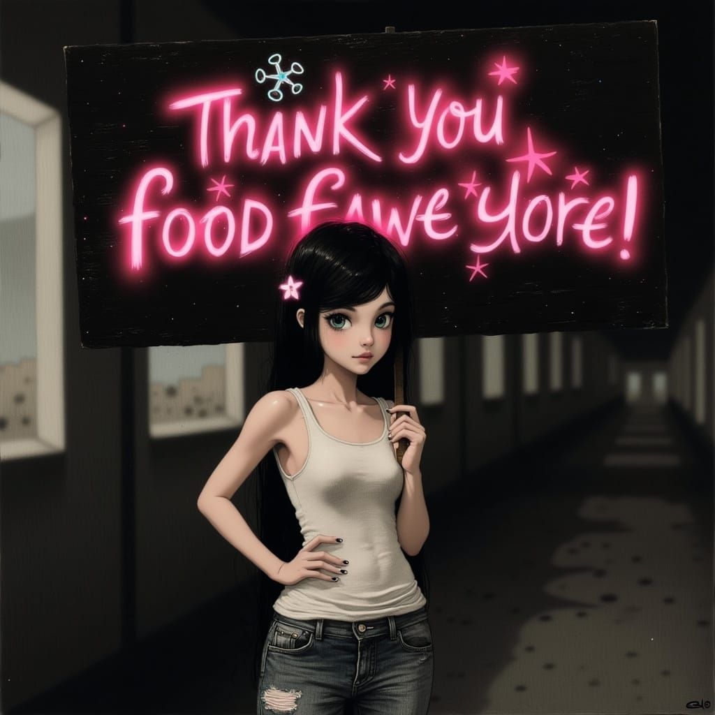 <lora:AmongTheDark:1.0> Photorealistic full body picture of a beautiful and sensual woman holding a large bright neon si...