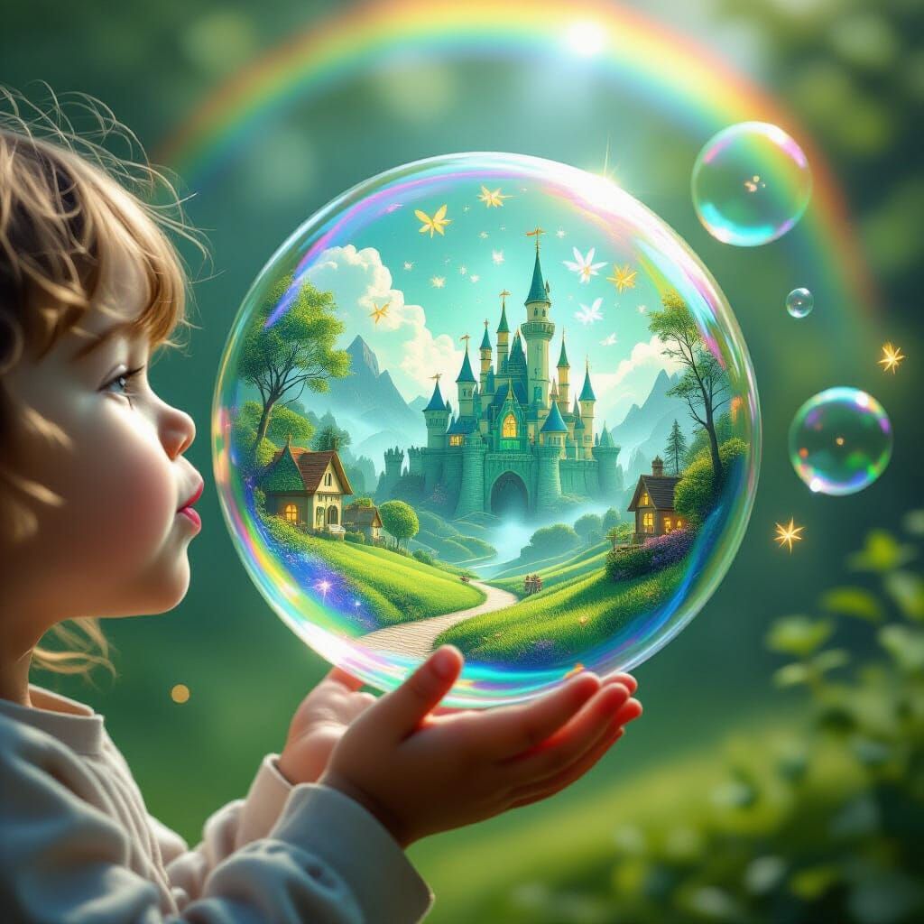 A child blowing bubbles, each bubble containing a miniature magical world—a lush green valley with fairy-tale houses, a ...