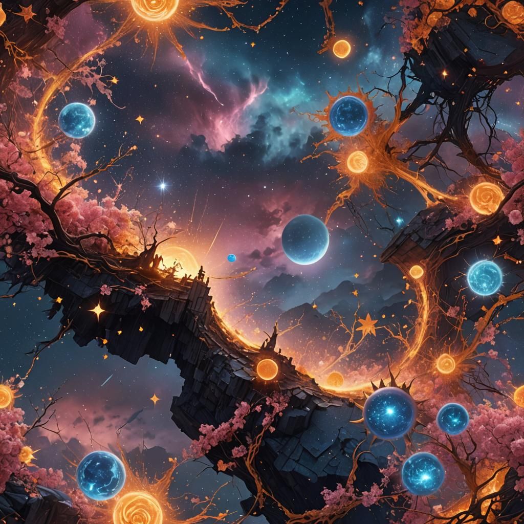 Blue Moon and Golden Milky Way in Detailed Painting