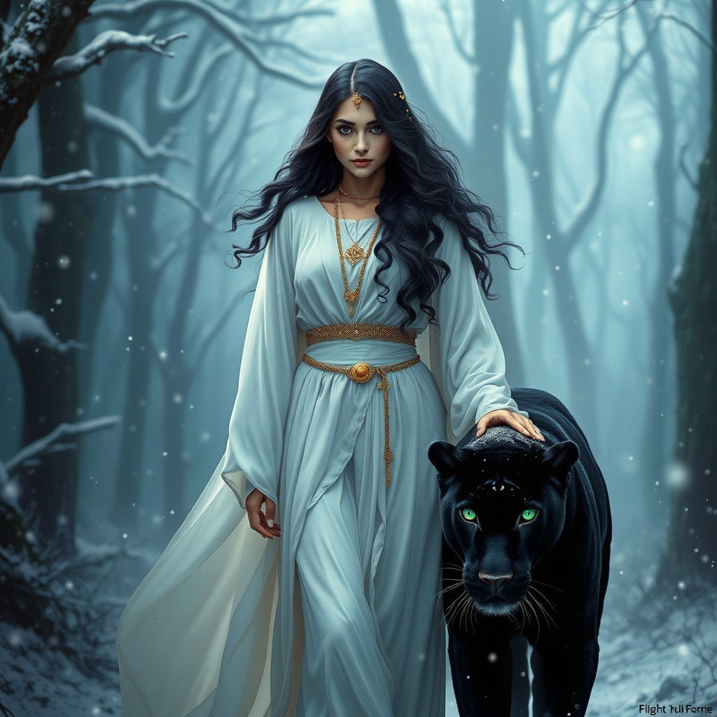 Arabian Girl in Snowy Woods with Panther