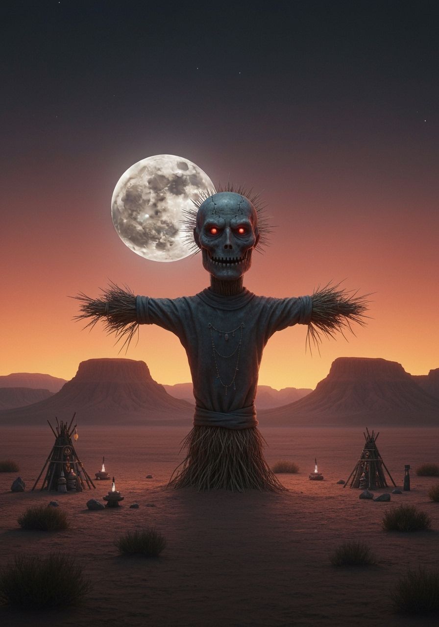 Monolithic Scarecrow Head in Surreal Desert Landscape