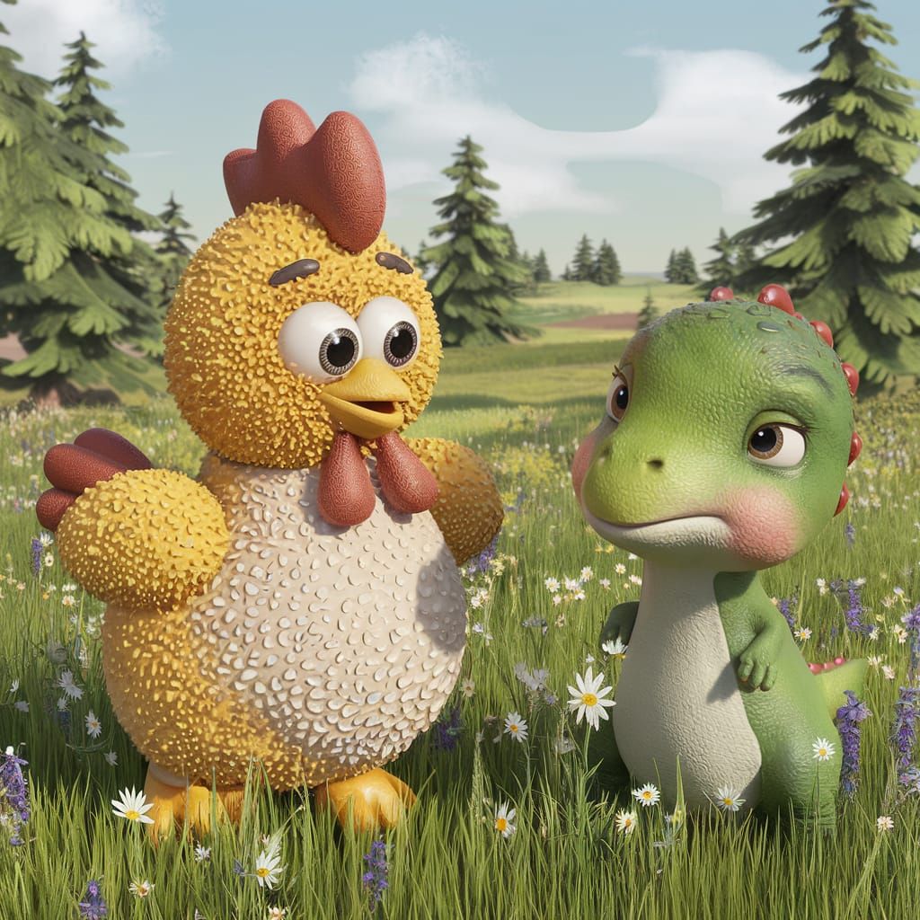 Cute Chicken Meets Shy Dinosaur in Wildflower Meadow