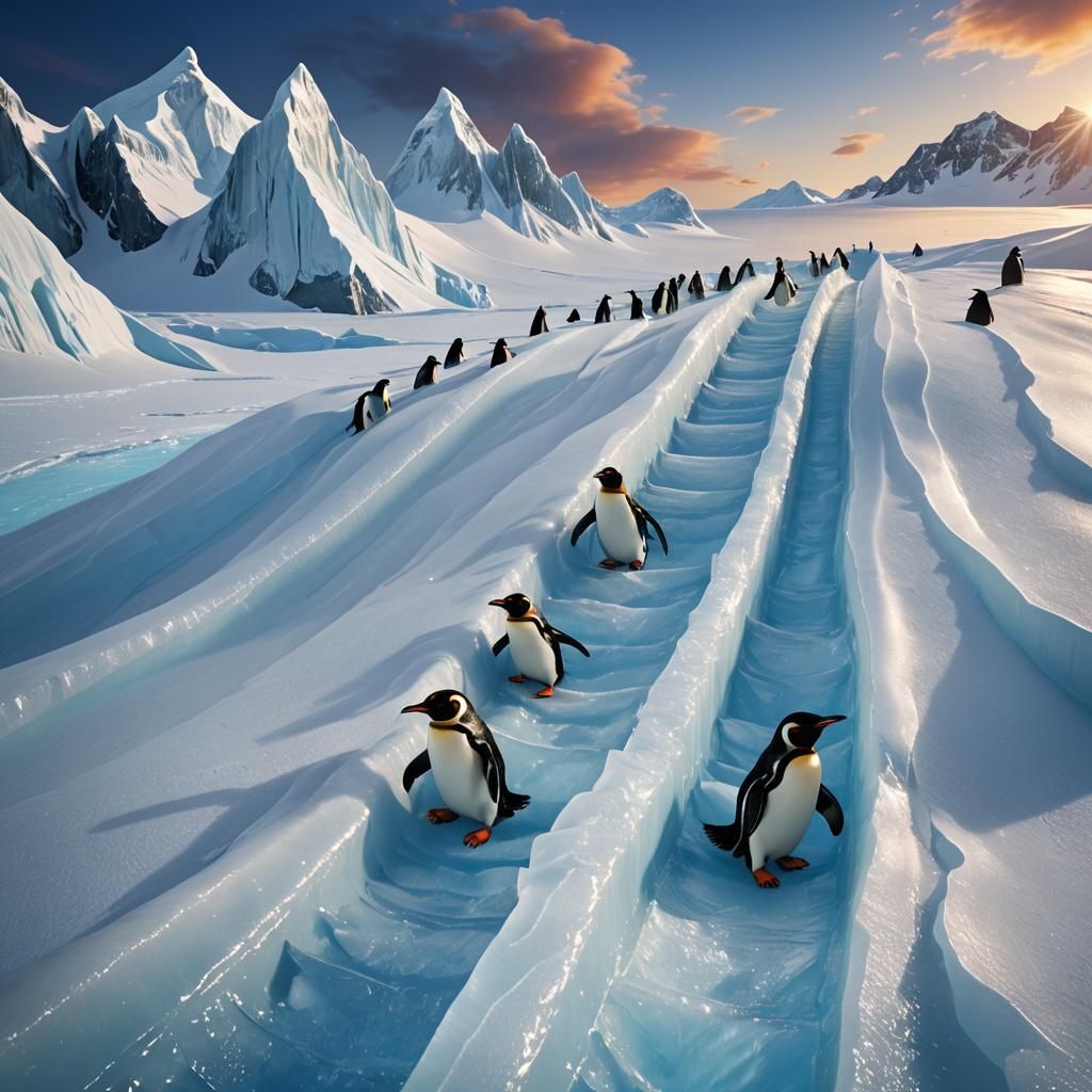 Penguins Sliding on Ice Slide: Digital Art