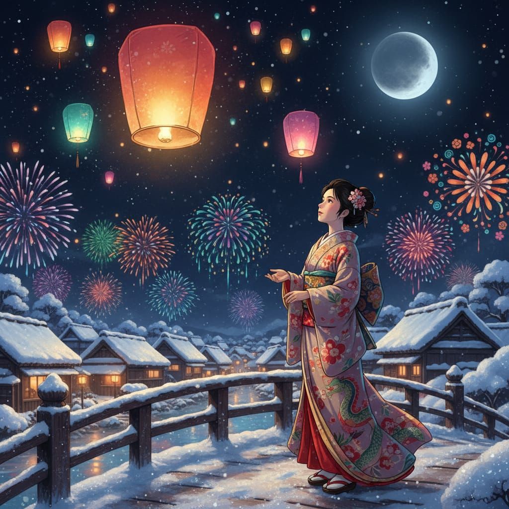 Lunar New Year Sky Lanterns in Snowy Village