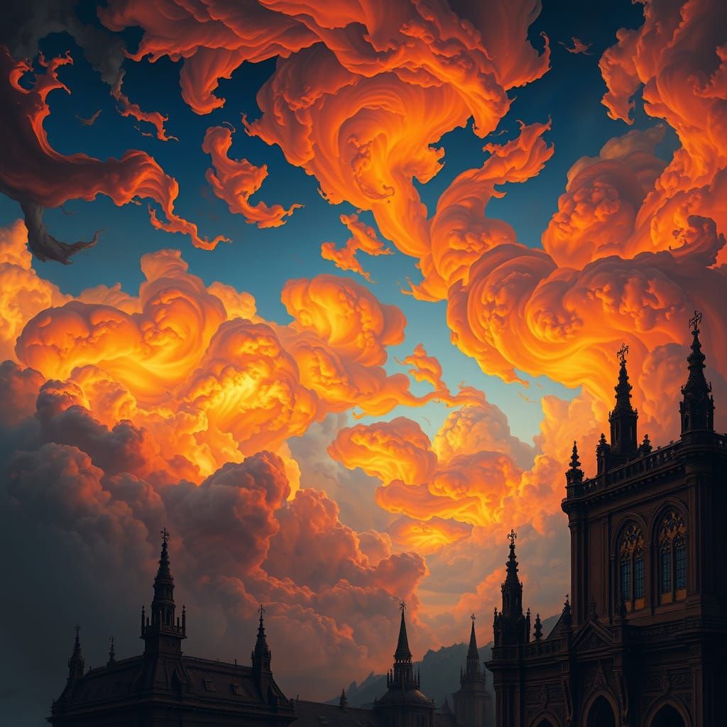 Ethereal Skies of Amber and Wonder, in the Style of Gothic F...