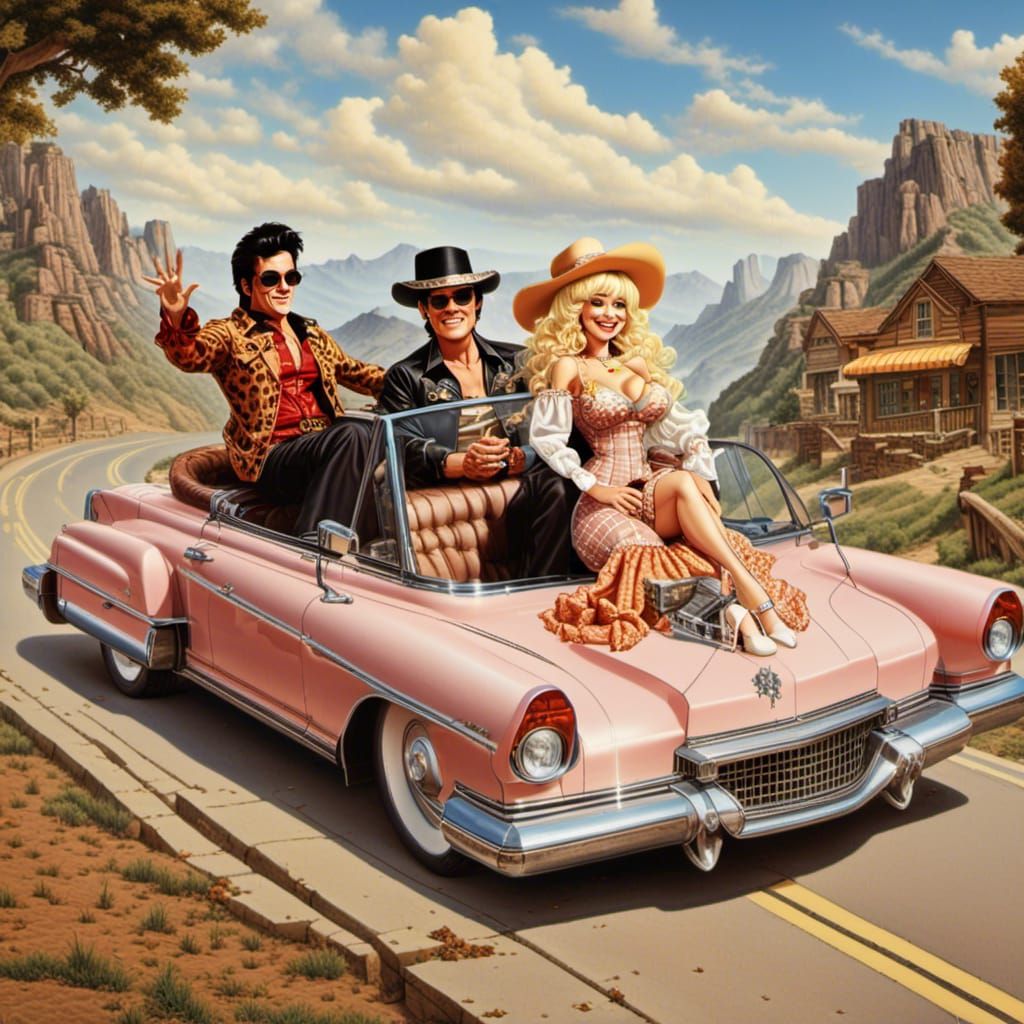 Dolly Parton and Elvis in Steampunk Convertible