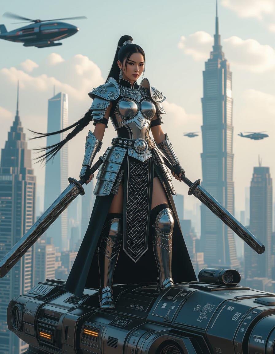 Imagine a Hmong woman warrior, clad in traditional armor adorned with intricate silver patterns, standing defiantly atop...