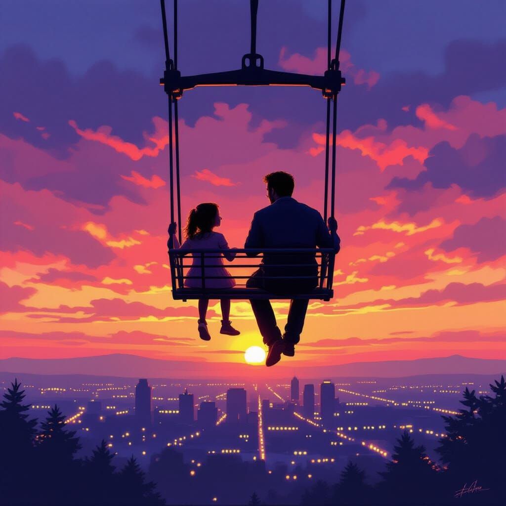 Father and Daughter at Ferris Wheel Peak During Sunset