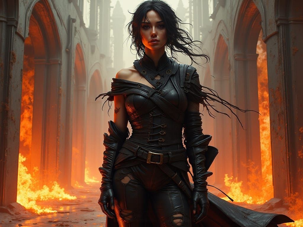 Chaotic Woman in Dark Futuristic Landscape