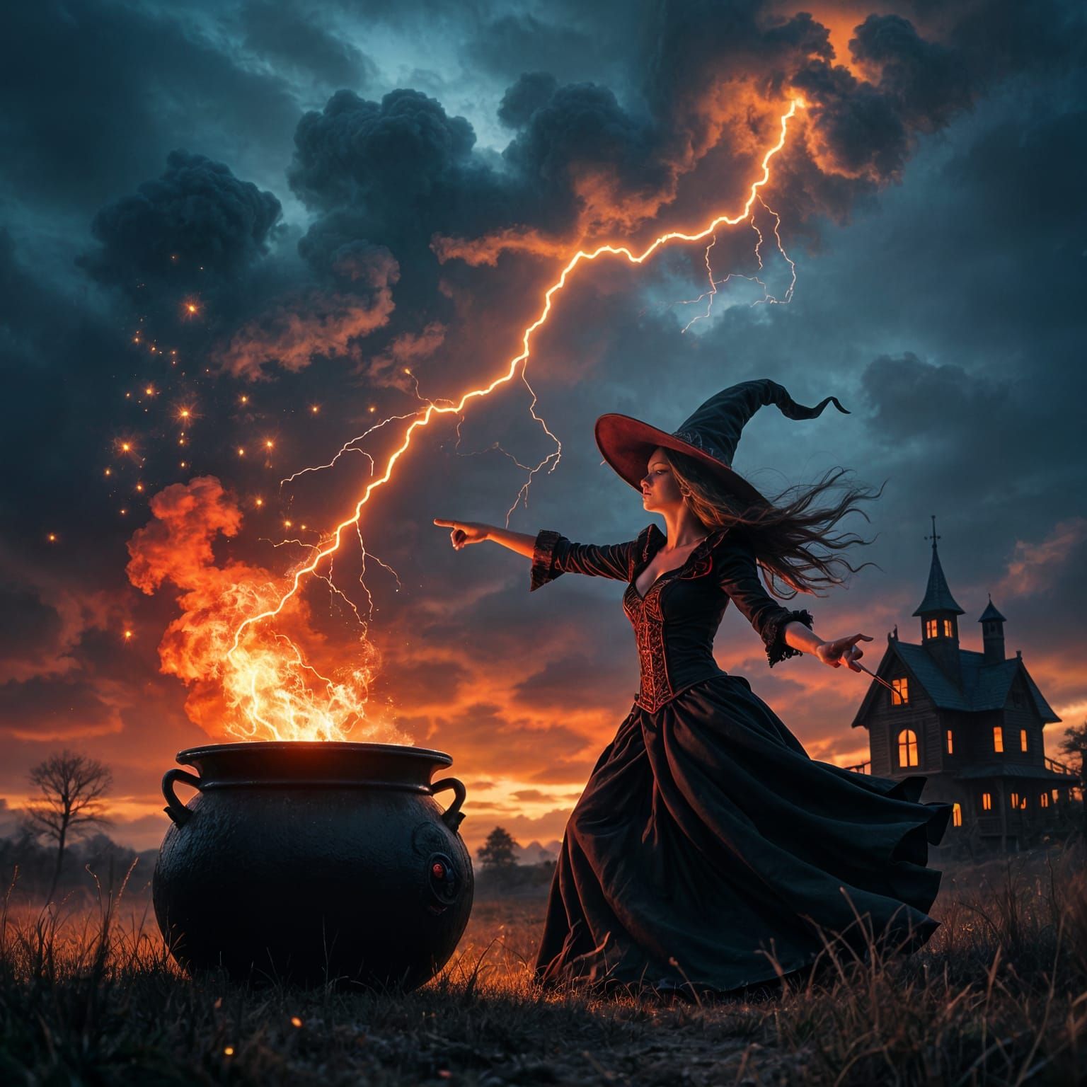 Witch Gathering Red Energy Under Stormy Sky
