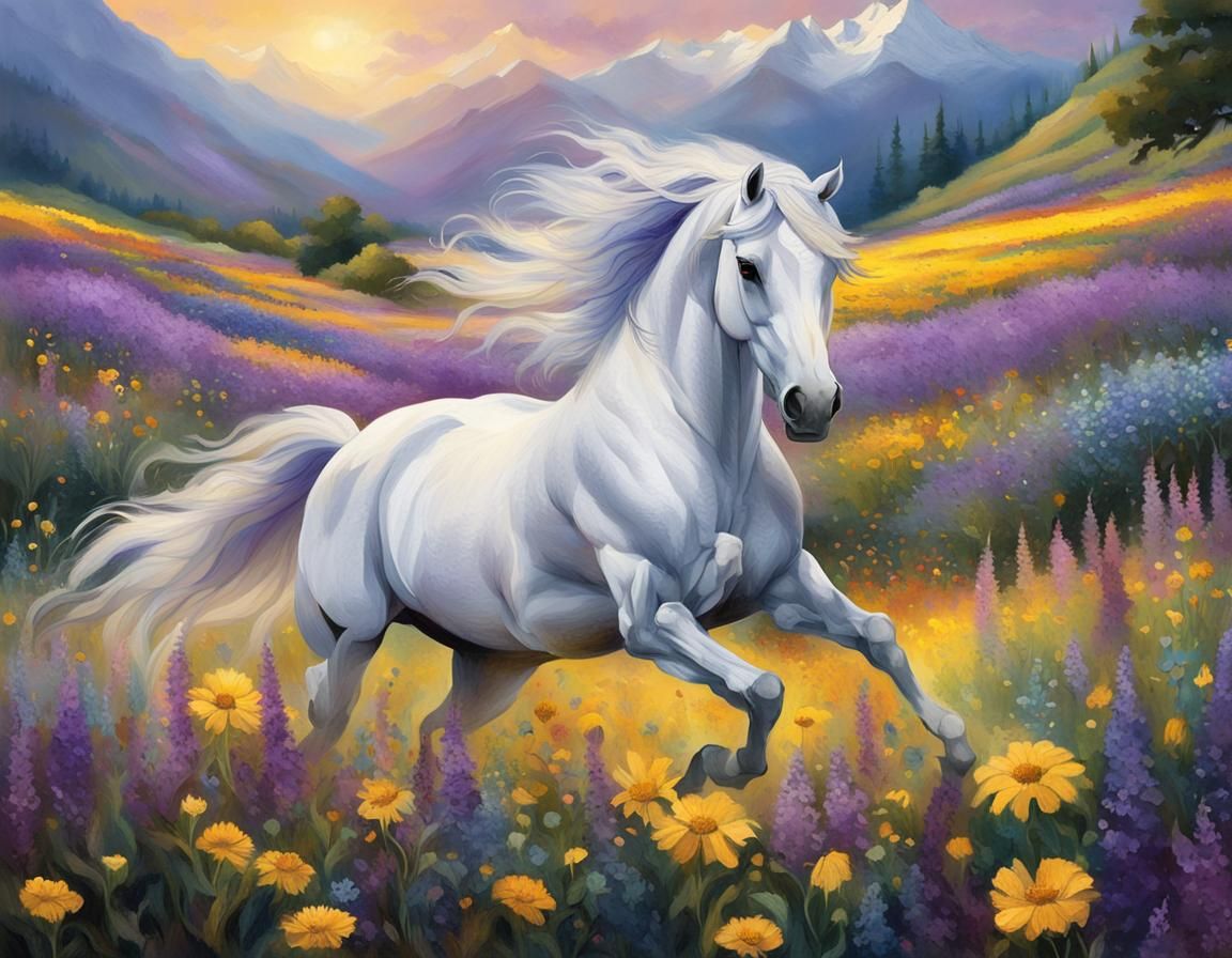 Surreal White Horse Galloping Through Flower Field