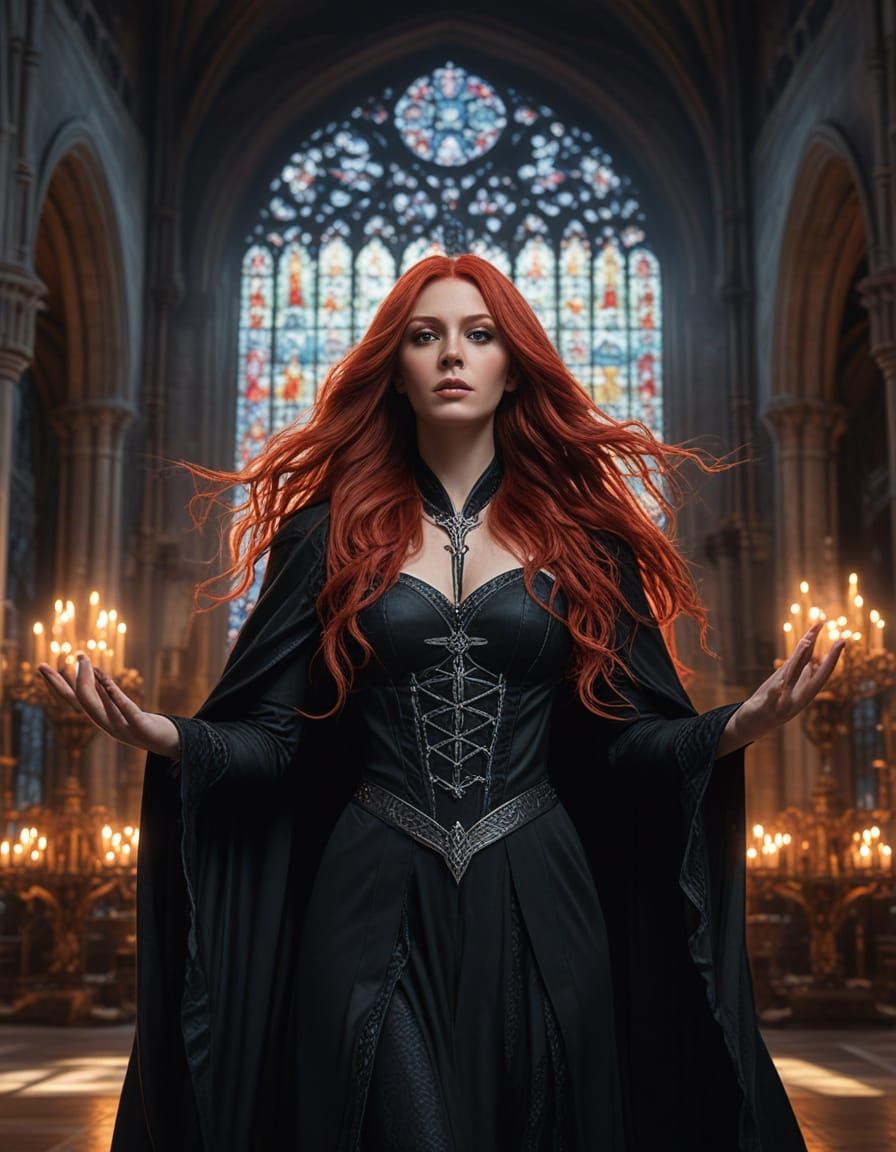 Crimson Sorceress Casting Spell in Gothic Cathedral