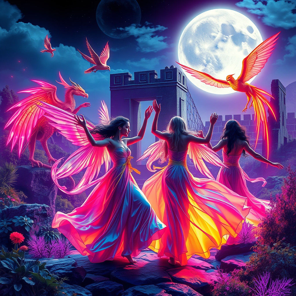 Mythological Dancers in a Neon Retro Dreamscape