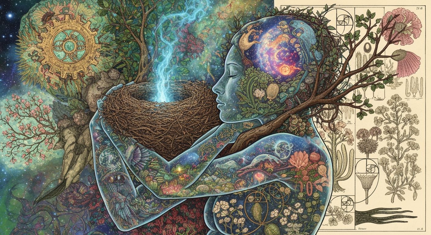 Ethereal Bioluminescent Figure with Earth and Moon in Glitch...