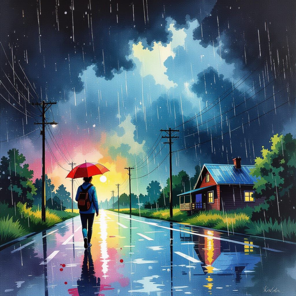 Hyper-Detailed Summer Rainstorm in Watercolor Style