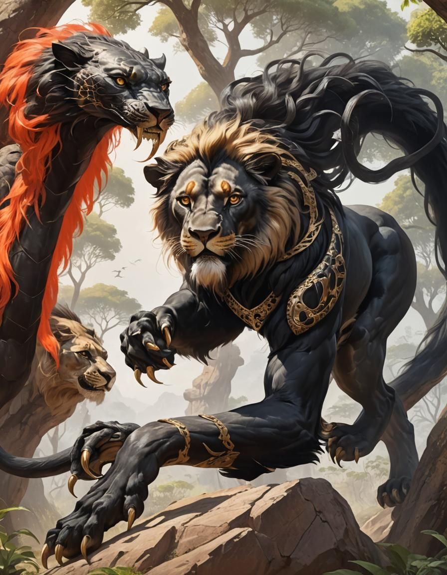 Majestic Black Lion with Snake Tail