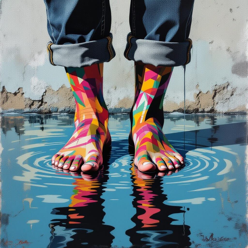 Feet in Water with Urban Stencil Art Reflection