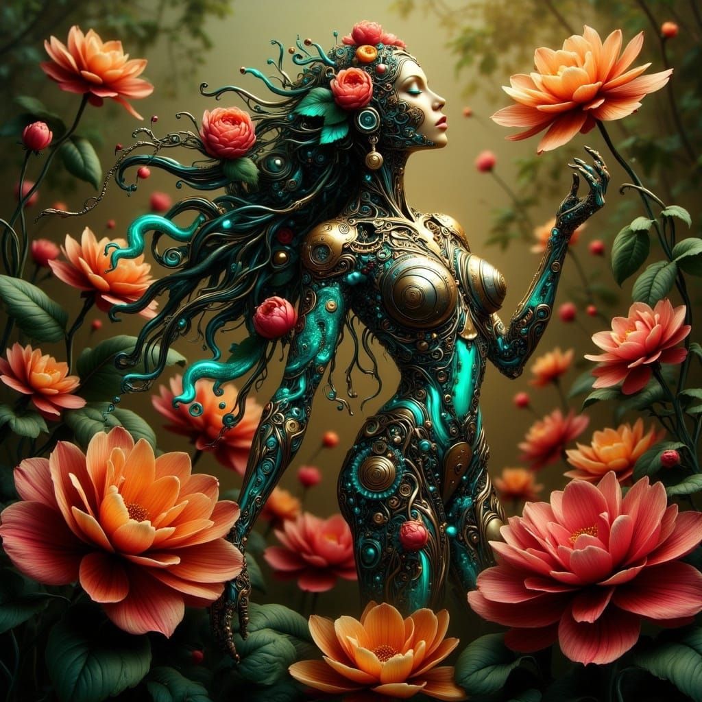 Biomechanical Aztec Goddess in Floral Cyberpunk Style
