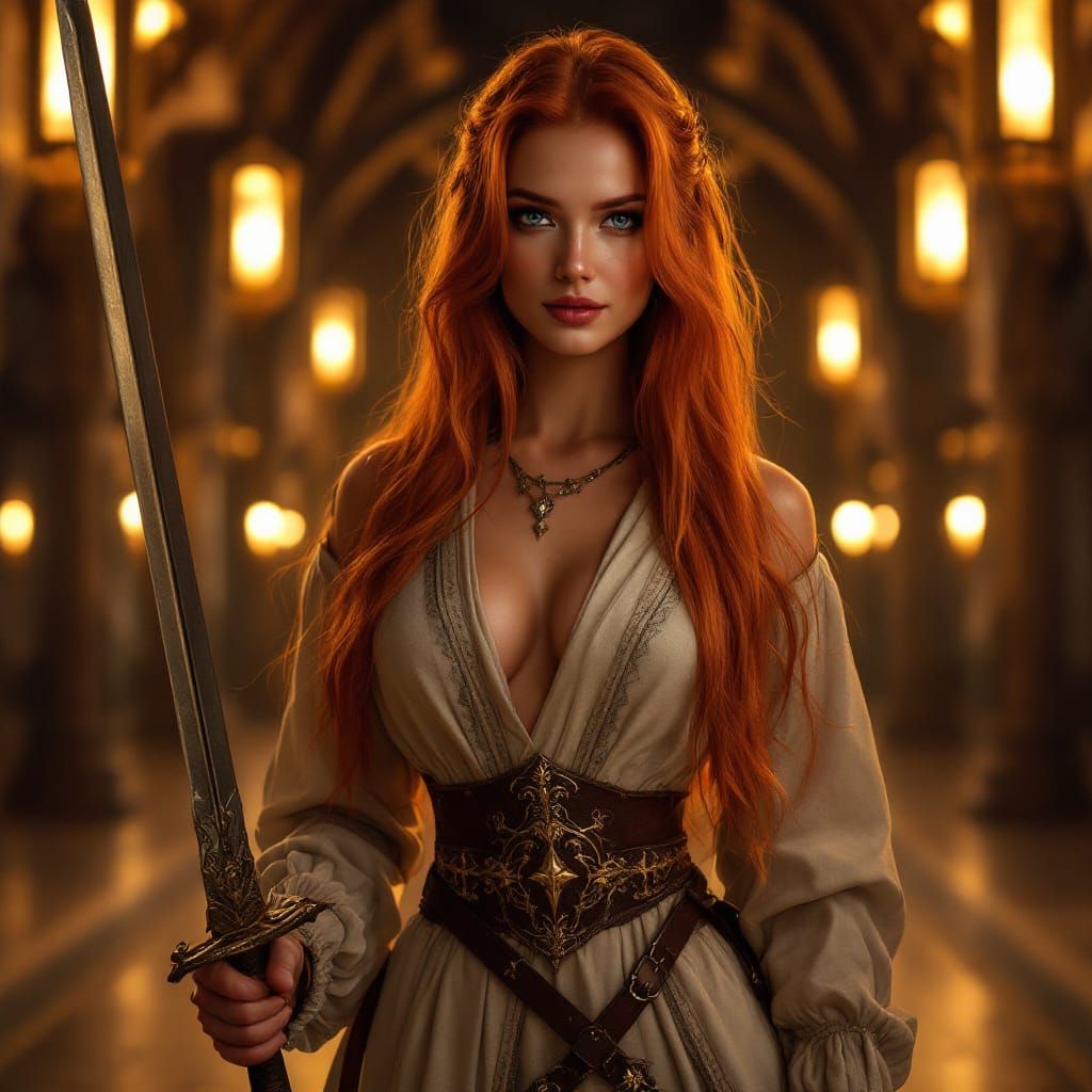 Redhead Duelist in Mucha-Inspired Art Nouveau Style