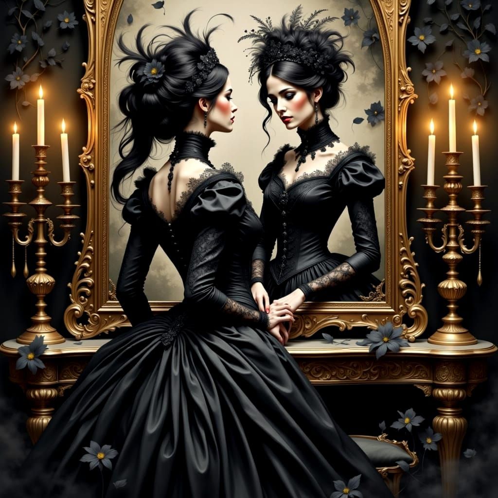 Seductive Gothic Lady Unveils Mysterious Reflection