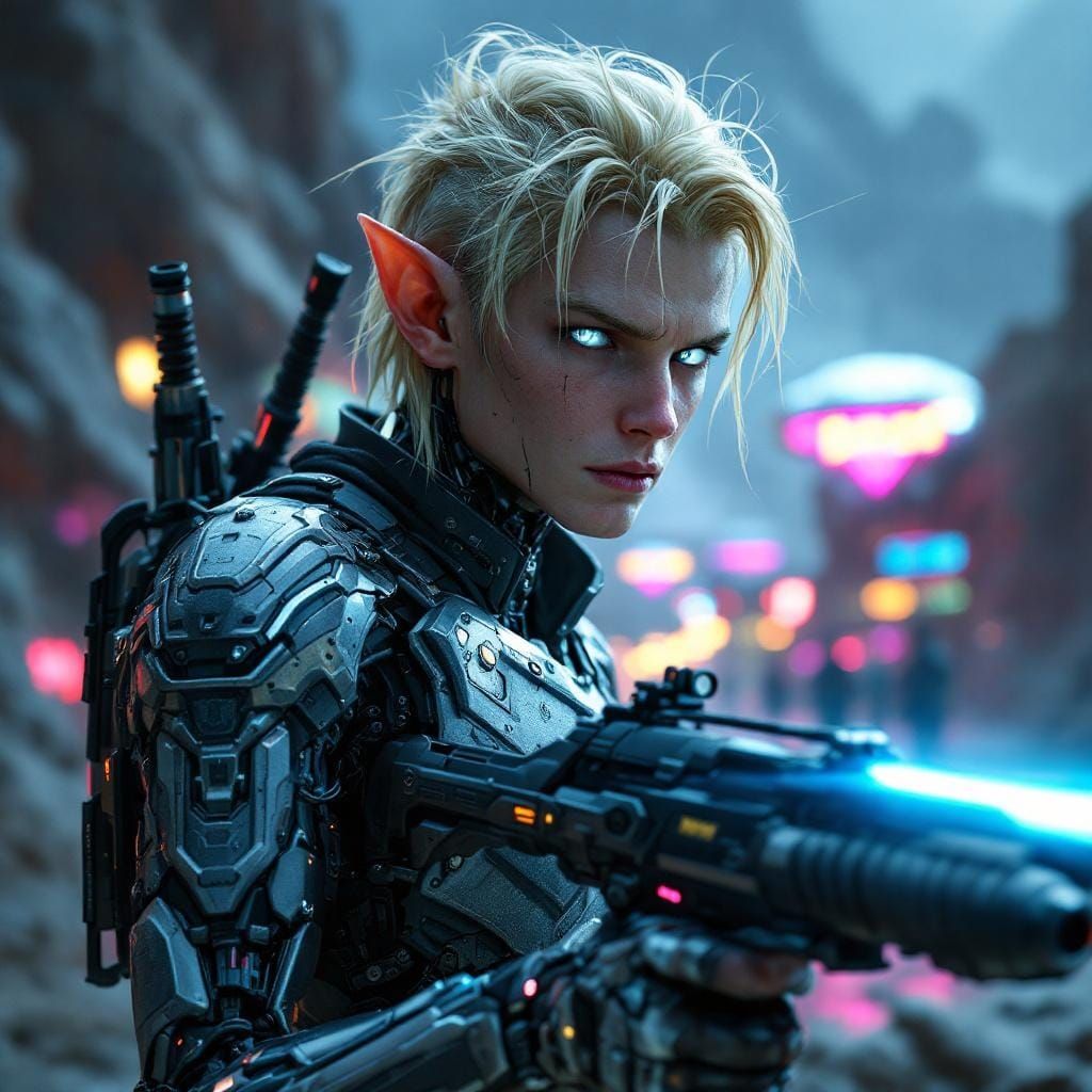 Cyborg Elf Warrior in Cyberpunk Asteroid Scene