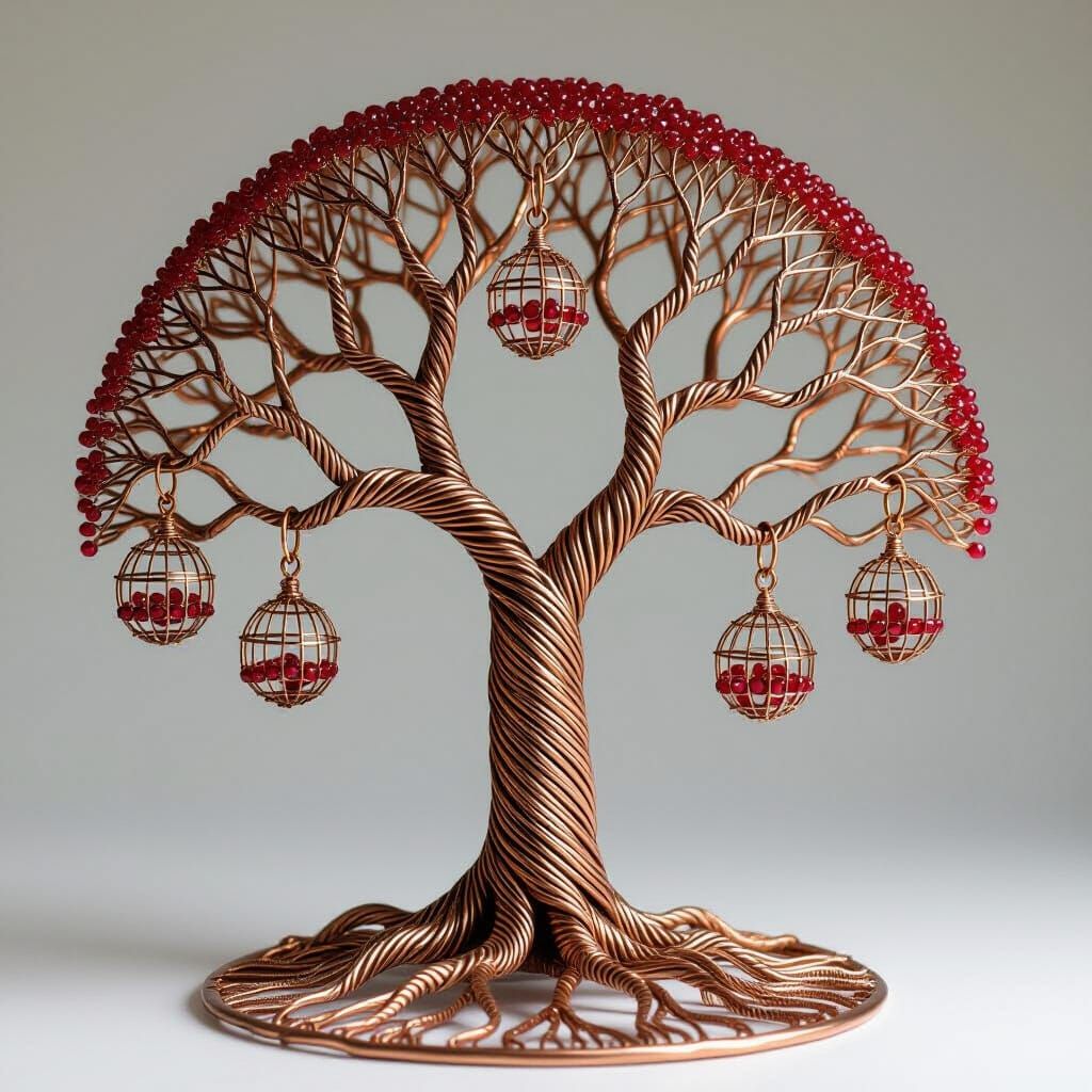 Copper Tree of Life Sculpture with Red Rubies