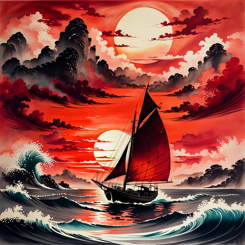 Traditional Sailboat at Sunset in Ink Painting Style