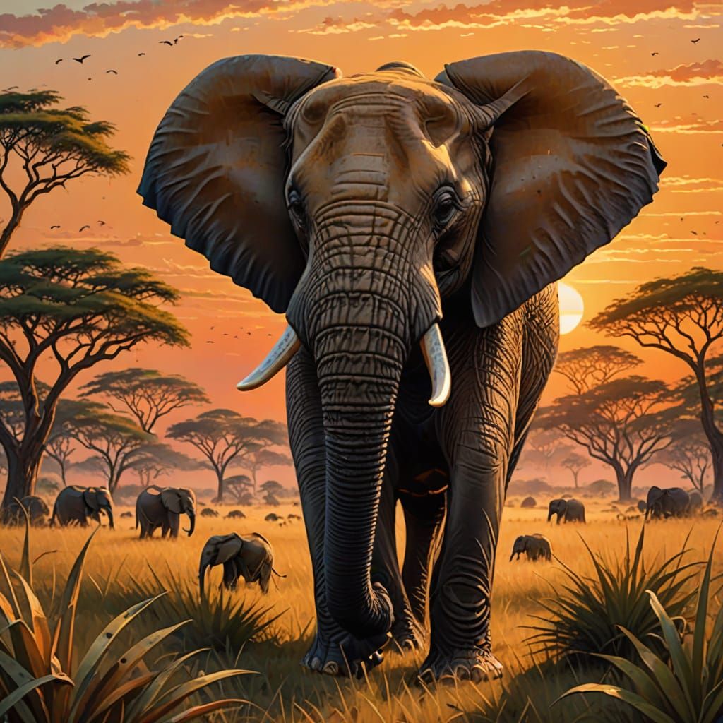 Elephant in Golden Light: Oil Painting Sunset
