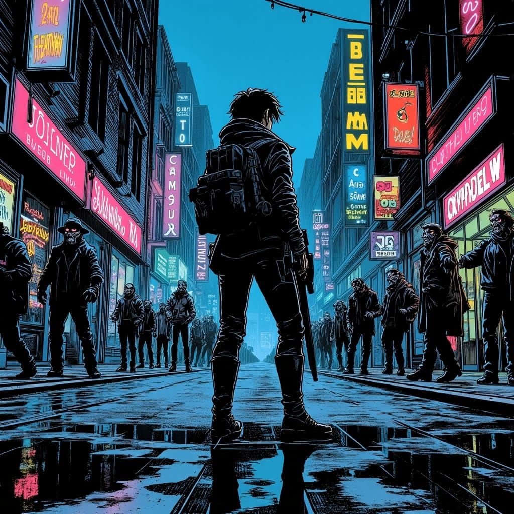 Cyberpunk Warrior Fights Zombies in Neon City