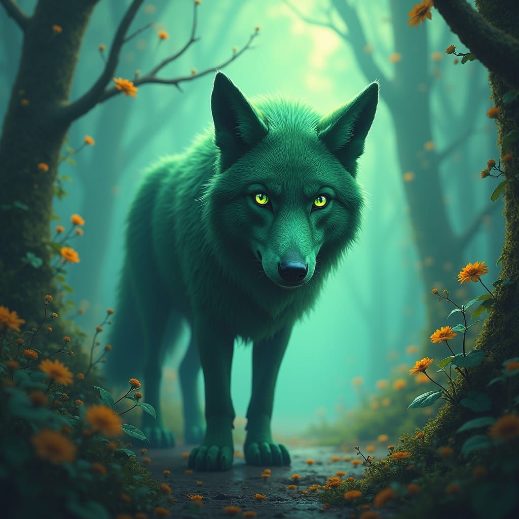 Mystical Emerald-Eyed Wolf in a Fantasy Landscape