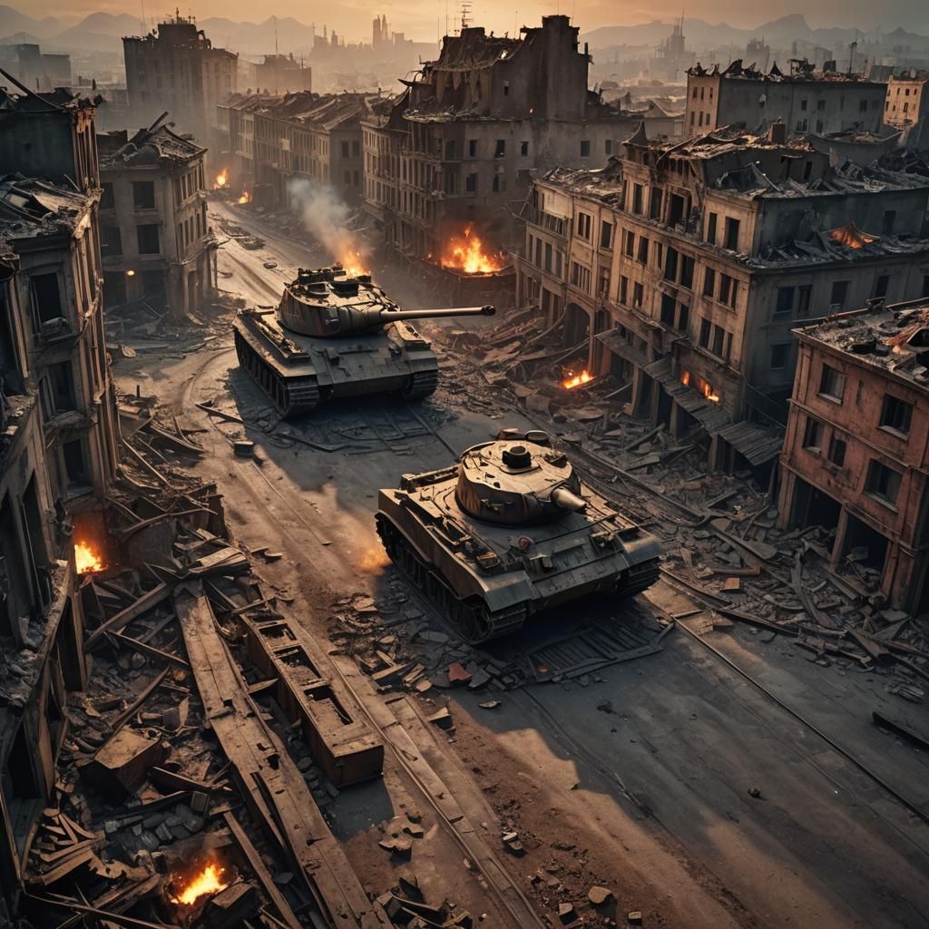 King Tiger Tank in Ruined Cityscape