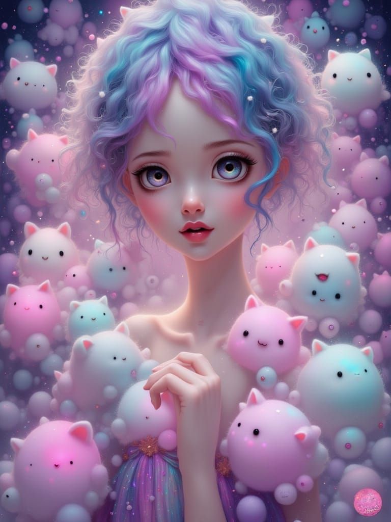 Ethereal Woman with Glowing Cat Companions, Dreamy Art