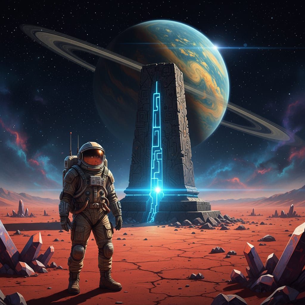 Astronaut Gazes at Alien Monolith on Mars in Retro Sci-Fi St...