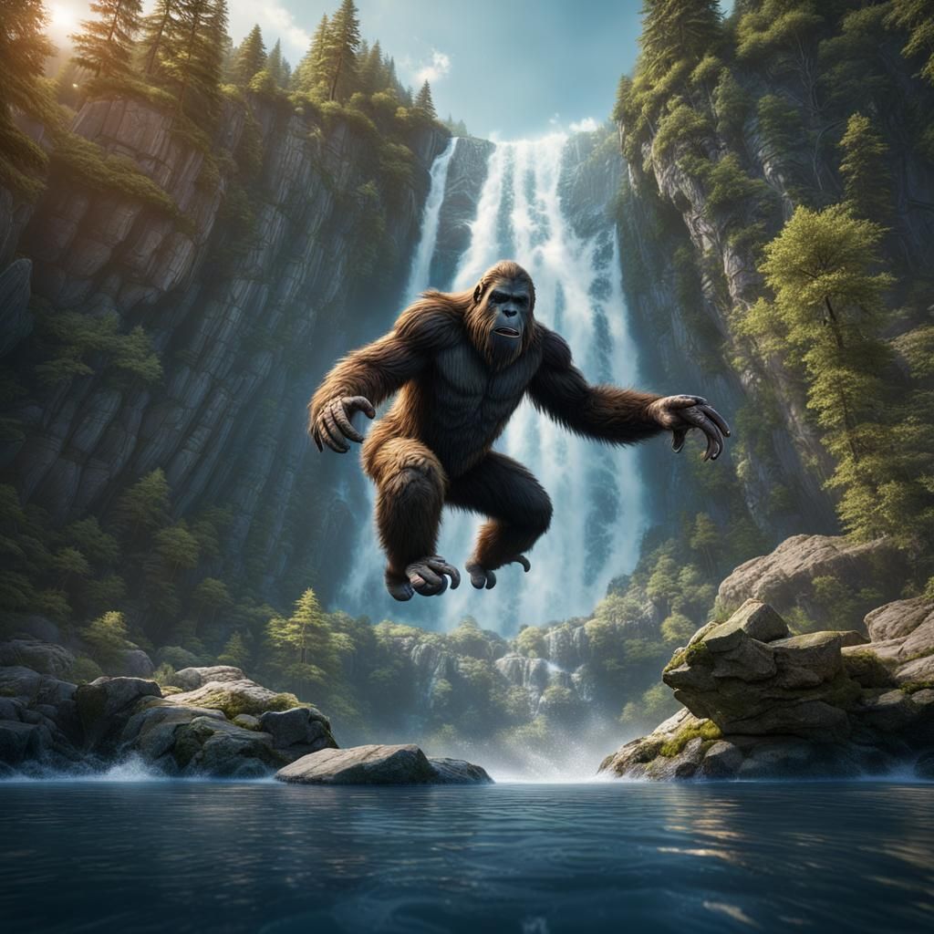 Bigfoot's Waterfall Dive: Detailed Matte Painting