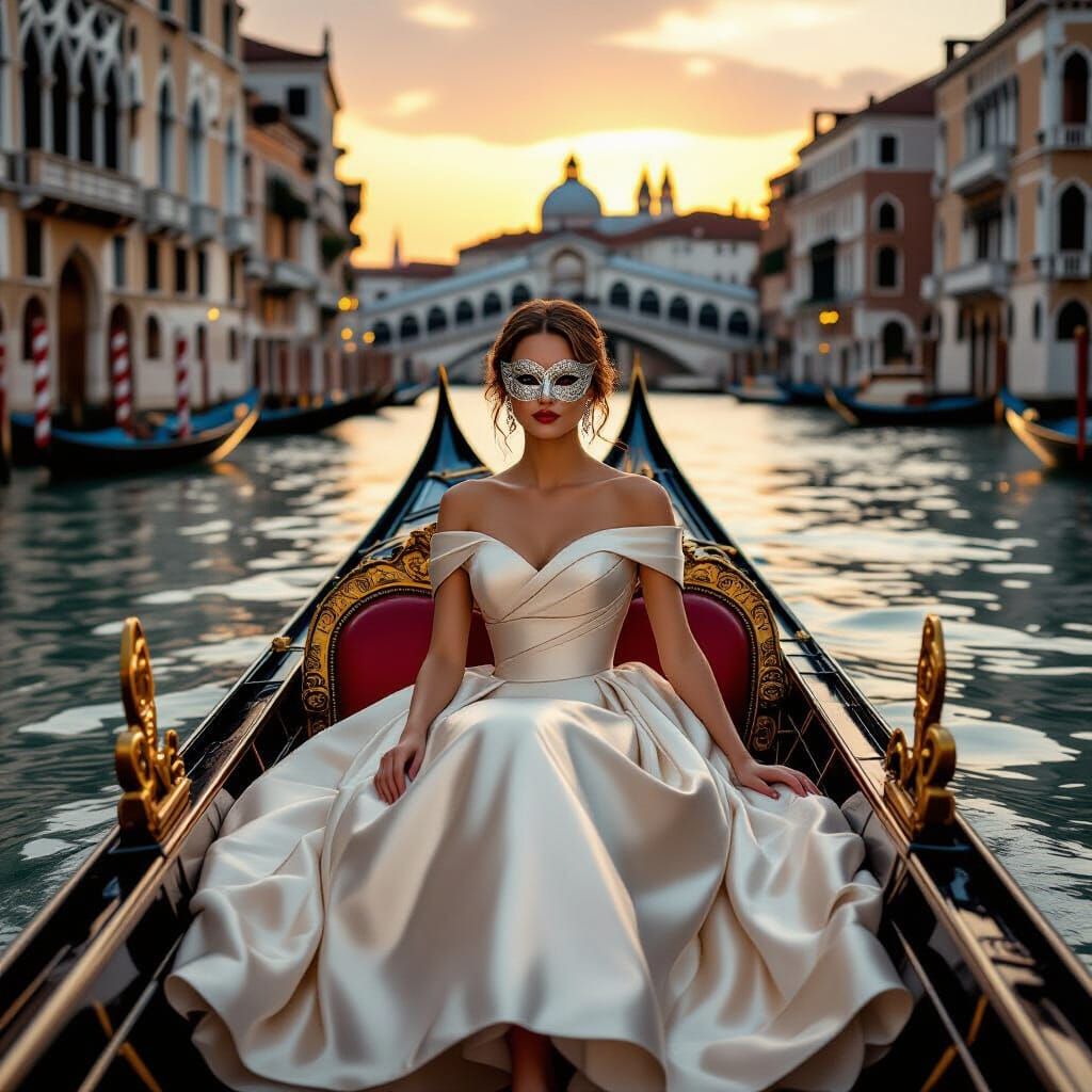 Bride in Gondola, Venice Sunset, Art Nouveau Style