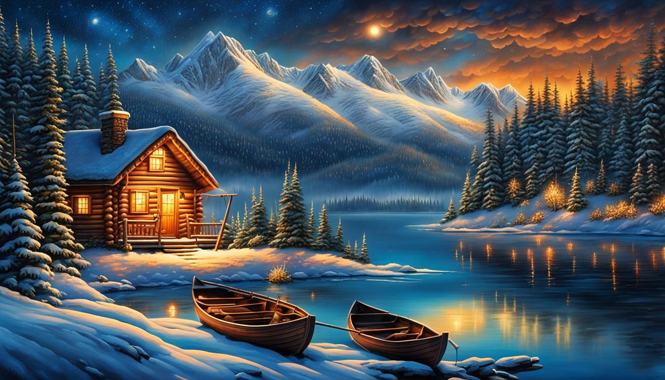 Rustic Cabin on Snowy Lake: Painterly Winter Scene