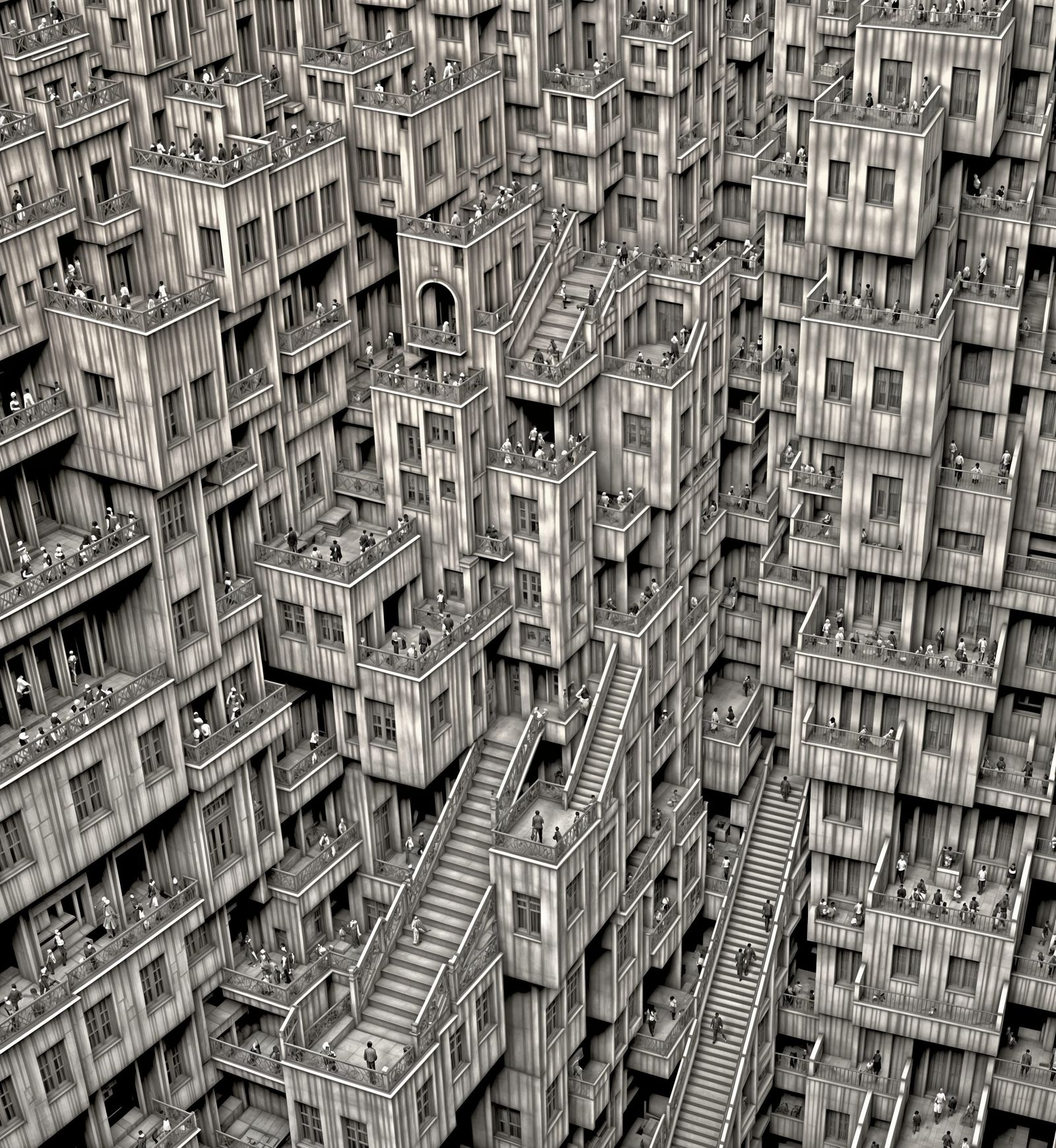 Escher-Inspired Surreal Cityscape with Interconnected Stairc...
