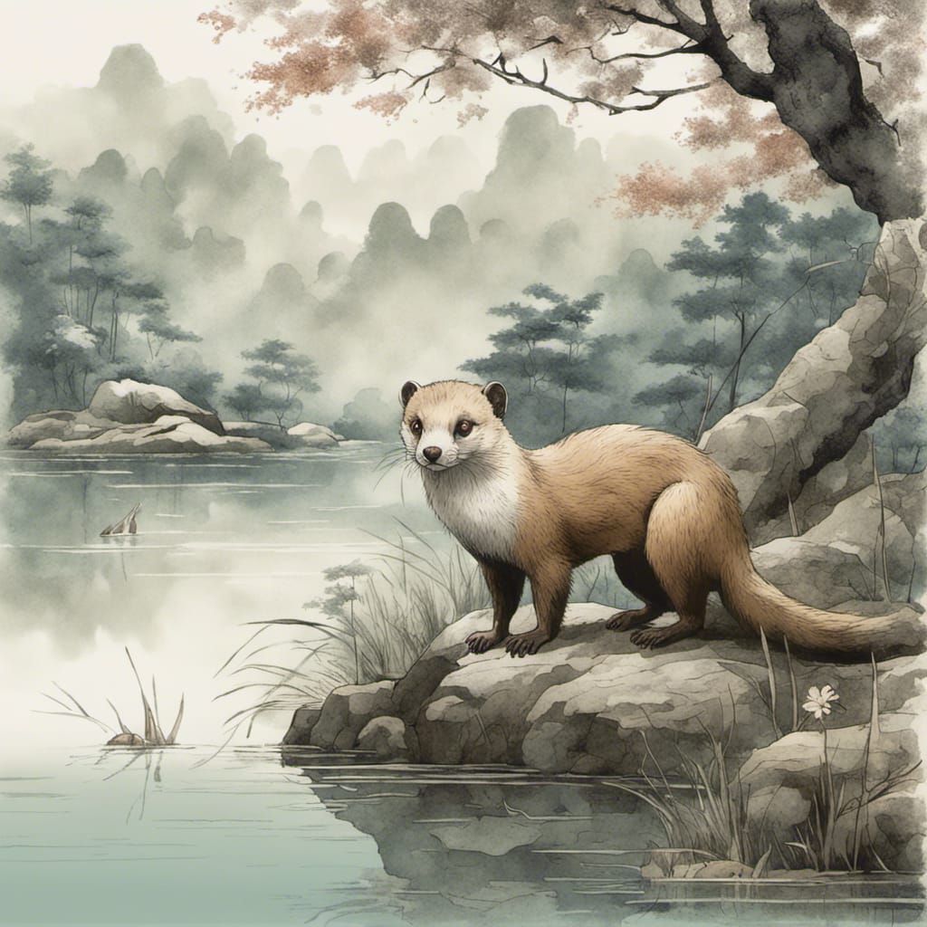 Winter Weasel in Chinese Brushwork Style