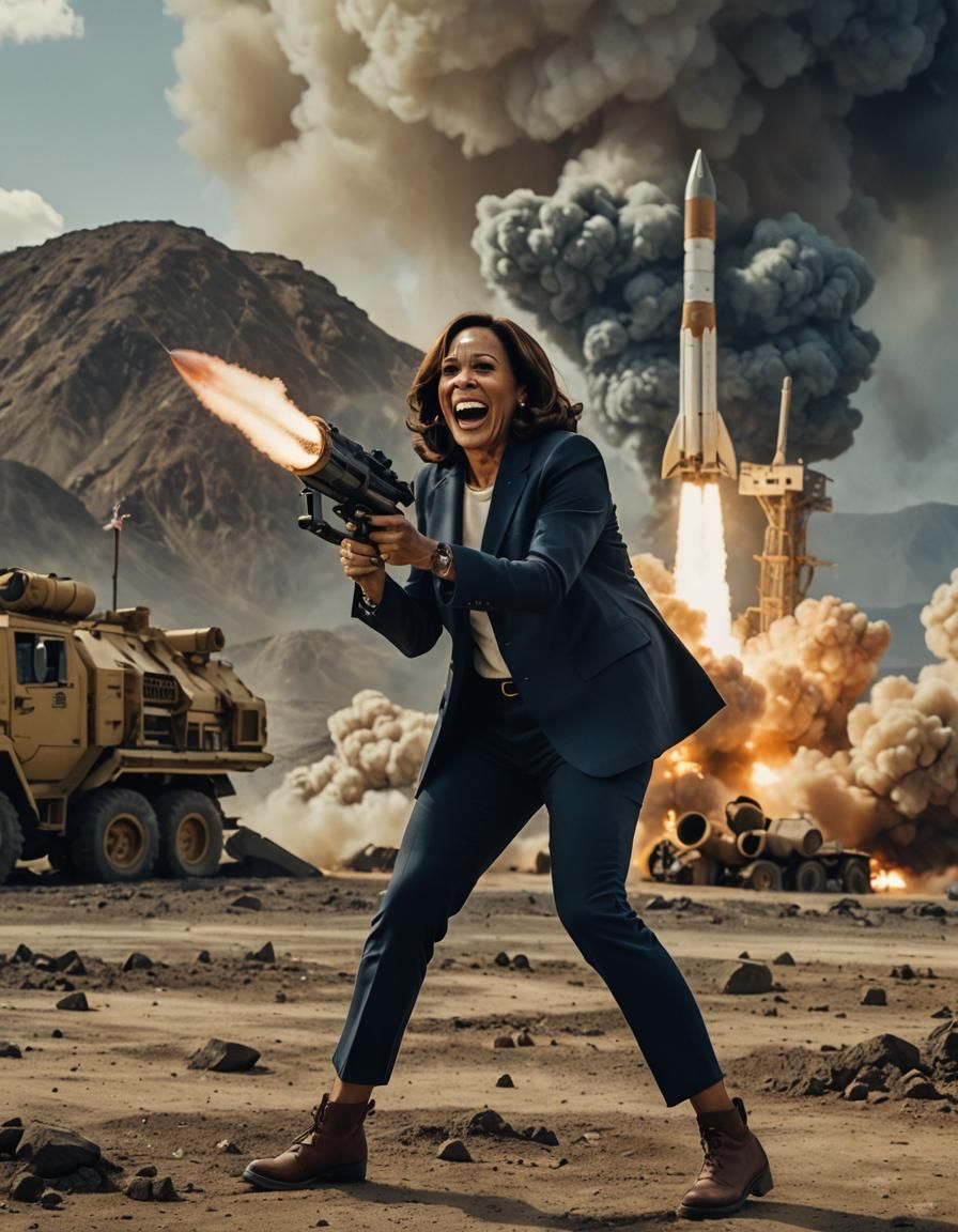 Cinematic Film Still of Kamala Harris With Rocket Launcher