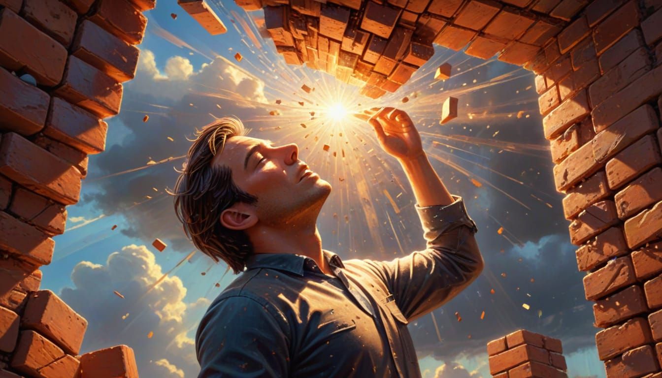 Person Unbricking the Sky: Surreal Oil Painting